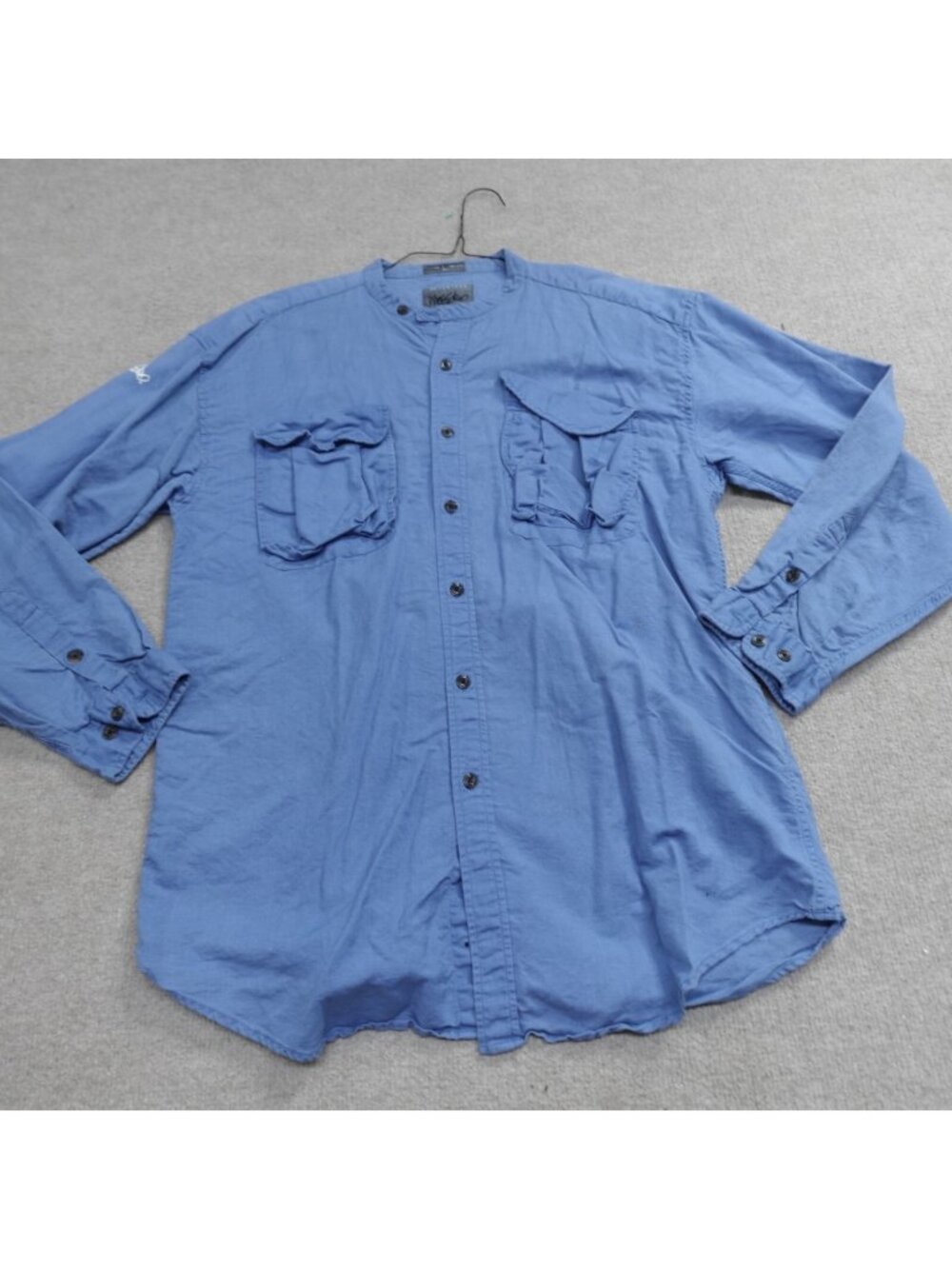 Vintage Mossimo Shirt Large Blue Linen Cotton Bellow Pockets Band Collar Y2K